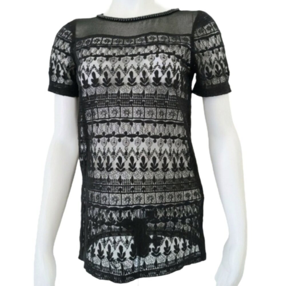 ZARA Black Sheer Lace Tee XS Beaded Neckline Mesh Nylon Punk Goth Sexy Top - Picture 7 of 14